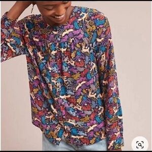 Anthropologie Conversation Forest Friends Animal Print Blouse Button Up Limited